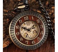 AthuAh Vintage Watch, Box Package Solid Wood Mechanical Pocket Watch Chain Locket Dial Hollow Steampunk Skeleton Mens Male Clock Watches Round 2(Mechanical Pocket)