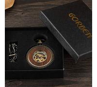 AthuAh Vintage Watch, Box Package Solid Wood Mechanical Pocket Watch Chain Locket Dial Hollow Steampunk Skeleton Mens Male Clock Watches Round 2(Pm053 with Package)