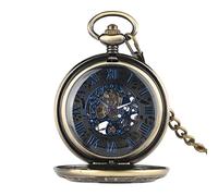 AthuAh Vintage Watch, Pocket Watches Dial Mechanical Pocket Watch Transparent Blue Roman Numerals Display Hand Winding Pocket Watch for Men Men's Women's