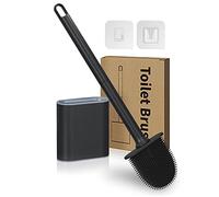 Athyior Silicone Toilet Brush with Holder Set - Flexible Bristles Toilet Brush Bendable Quick Drying Flooring Wall Mounted Long Handle Hygienic Deep Cleaner Anti-drip for Toilet Bathroom, Black