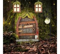 atibi Fairy Garden Decor Fairy Door and Windows for Trees, Glow in The Dark Mushroom Yard Sculpture Lawn Ornament Mini Garden Art Outdoor Decor Accessories with Lantern (E)