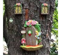 atibi Fairy Garden Decor Fairy Door and Windows for Trees, Glow in The Dark Mushroom Yard Sculpture Lawn Ornament Mini Garden Art Outdoor Decor Accessories with Lantern (D)