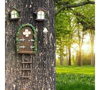 atibi Fairy Garden Decor Fairy Door and Windows for Trees, Glow in The Dark Mushroom Yard Sculpture Lawn Ornament Mini Garden Art Outdoor Decor Accessories with Lantern (B)