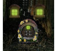 atibi Fairy Garden Decor Fairy Door and Windows for Trees, Glow in The Dark Mushroom Yard Sculpture Lawn Ornament Mini Garden Art Outdoor Decor Accessories with Lantern (A)