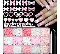 ATIMORY 1000PCS Bow Nail Charms White Pink Nail Bows Cute White Heart Star Coquette Nail Decoration Flatback Pearl Beads Tiny Flower Charms Nail Accessories with Tweezer Pickup Pencil