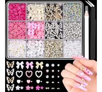 ATIMORY Y2K 3D Nail Charms & Gems Set - Chunky Butterfly, Heart, Bow & Flower Charms with Rhinestones, Pearls, Diamonds & Tools for Nail Decor