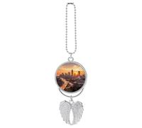 Atlanta City Sunset Landscape Rear View Mirror Car Charms with Angel Wings Design - Elegant Hanging Pendant Ornament for Women Men, Zinc Alloy Auto Interior Decor for Cars, SUV, Truck (Silver)