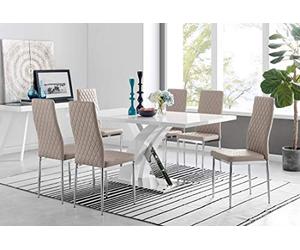 Atlanta Rectangle Chrome Metal Modern Stylish High Gloss White 6 Seater Dining Table and 6 Stylish Modern Milan Dining Chairs Set (Dining Table + 6 Cappuccino Grey Milan Chairs)