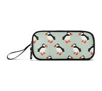 Atlantic Ocean Cartoon Puffin Seabird Large Pencil Case with 3 Compartments, Portable Pencil Pouch Pen Pencil Box with Handle, Pen Organizer Stationery Bag for Teen Girls Boy Women Men
