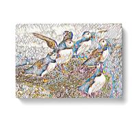 Atlantic Puffin Birds Modern BG Canvas Wall Art Print Ready to Hang, Framed Picture for Living Room Bedroom Home Office Décor, 60x40 cm (24x16 Inch)