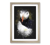 Atlantic Puffin Birds Vol.2 Paint Splash Framed Print | A2 Oak Framed Wall Art | Ready to Hang | Modern Nature Picture | Living Room Bedroom Lounge Office