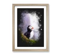 Atlantic Puffin Birds Vol.7 Paint Splash Modern Framed Print | A2 Oak Framed Wall Art | Ready to Hang | Modern Nature Picture | Living Room Bedroom Lounge Office