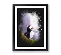 Atlantic Puffin Birds Vol.7 Paint Splash Modern Framed Wall Art Print, Ready to Hang Picture for Living Room Bedroom Home Office Décor, Black A2 (64 x 46 cm)