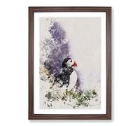 Atlantic Puffin Birds Vol.7 Watercolour Framed Print | A2 Walnut Framed Wall Art | Ready to Hang | Modern Historical Picture | Living Room Bedroom Lounge Office