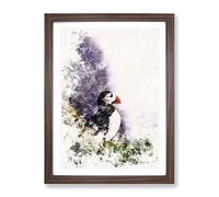 Atlantic Puffin Birds Vol.7 Watercolour Modern Framed Print | A4 Walnut Framed Wall Art | Ready to Hang | Modern Historical Picture | Living Room Bedroom Lounge Office