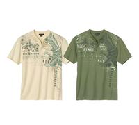 Atlas For Men Mens Eagle Henley T-Shirt (Pack of 2) - Green/Ecru - L - Green/Ecru