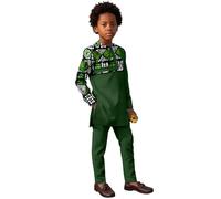 ATLYCOLOR African Suits for Boys 2 Piece Long Sleeve Dashiki Shirt & Pants Set Nigerian Clothes Attire, Army Green-3, Large