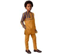 ATLYCOLOR African Suits for Boys 2 Piece Long Sleeve Dashiki Shirt & Pants Set Nigerian Clothes Attire, Orange, Medium