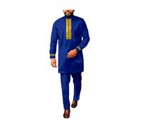 ATLYCOLOR African Suits for Men, Dashiki 2 Piece Set Gold Embroidery Shirt Pant Outfits Nigerian Clothes Wedding Attire, Royal Blue, XX-L