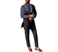 ATLYCOLOR African Suits for Men Patchwork 2 Piece Set Fashion Outfit Nigerian Dashiki Wedding Clothing Attire Tracksuits, Black-j12, L