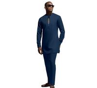 ATLYCOLOR Dashiki for Men African Outfits 2 Piece Set Shirt Pants Nigerian Mens Suit Wedding Attire Tracksuit, Dark Blue, X-Large