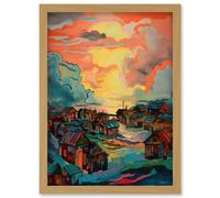 Artery8 Atmospheric Clouds Over Mono Fishing Village Cabins at Dawn Modern Watercolour Painting Artwork Framed Wall Art Print A4
