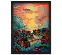 Artery8 Atmospheric Clouds Over Mono Fishing Village Cabins at Dawn Modern Watercolour Painting Artwork Framed Wall Art Print A4
