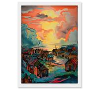 Artery8 Atmospheric Clouds Over Mono Fishing Village Cabins at Dawn Modern Watercolour Painting Artwork Framed Wall Art Print A4