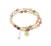 ATMRC Natural Stone Rutilated Quartz Beaded Bracelet for Women, Colorful Double-layer Stretch Crystal Bracelet with Pearl & Coin Charm