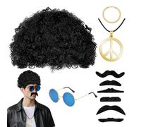 atnayo 10 Pcs 60s 70s 80s Fancy Dress Mens Set, Outfit Accessories with Afro Wig Glasses Bracelet Moustache Peace Sign Necklace for Disco Party