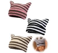 atnayo 3 Pcs Beanie Hats for Women, Vintage Striped Knitted Hat Cat Beanies for Kids Girls Adults Winter Warm