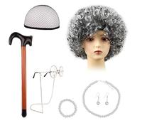 atnayo 8-Piece Old Lady Wig Costume Set - Complete Vintage Granny Transformation Kit with Wig, Glasses, Jewelry & Cane - Ideal for Halloween, World Book Day, Masquerades & Carnival Fun,Grey