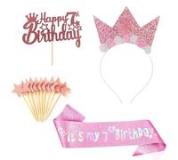 atnayo Birthday Sash and Tiara, Pink Crown Hairband Star Insert Plaque, 7 Years Old Girl Birthday Decoration