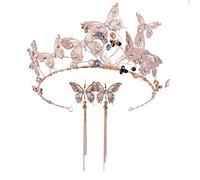 ATNCKS Vintage Gold Butterfly Tiaras and Crown Crystal Tassel Diadem Earrings Sets Handmade Women Hair Jewelry Wedding Accessories Gift