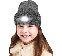 ATNKE Kids LED Lighted Beanie Cap, USB Rechargeable 4 LED Headlamp Waterproof Winter Warmer Knit Night Hats with Light for Boys Girls/Blended Black White
