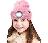 ATNKE Kids LED Lighted Beanie Cap, USB Rechargeable 4 LED Headlamp Waterproof Winter Warmer Knit Night Hats with Light for Boys Girls/Blended Pink Goldwire