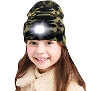 ATNKE Kids LED Lighted Beanie Cap, USB Rechargeable 4 LED Headlamp Waterproof Winter Warmer Knit Night Hats with Light for Boys Girls/Camouflage Green