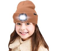 ATNKE Kids LED Lighted Beanie Cap, USB Rechargeable 4 LED Headlamp Waterproof Winter Warmer Knit Night Hats with Light for Boys Girls/Red Brown