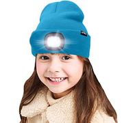ATNKE Kids LED Lighted Beanie Cap, USB Rechargeable 4 LED Headlamp Waterproof Winter Warmer Knit Night Hats with Light for Boys Girls/Lake Blue