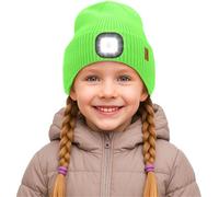 ATNKE Kids LED Lighted Beanie Cap,USB Rechargeable 4 LED Ultra Bright Running Headlamp Hands Free Head Torch Winter Warm Knitted Hat with Lined Fleece Gifts for Boys and Girls/Fluorescent Green