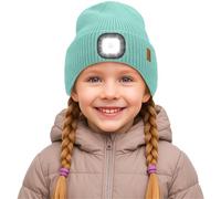 ATNKE Kids LED Lighted Beanie Cap,USB Rechargeable 4 LED Ultra Bright Running Headlamp Hands Free Head Torch Winter Warm Knitted Hat with Lined Fleece Gifts for Boys and Girls/Bud Green