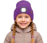 ATNKE Kids LED Lighted Beanie Cap,USB Rechargeable 4 LED Ultra Bright Running Headlamp Hands Free Head Torch Winter Warm Knitted Hat with Lined Fleece Gifts for Boys and Girls/Inner Purple