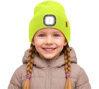 ATNKE Kids LED Lighted Beanie Cap,USB Rechargeable 4 LED Ultra Bright Running Headlamp Hands Free Head Torch Winter Warm Knitted Hat with Lined Fleece Gifts for Boys and Girls/Fluorescent Yellow