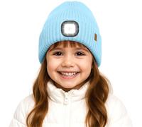 ATNKE Kids LED Lighted Beanie Hat,USB Rechargeable 4 LED Running Headlamp Hands Free Head Torch Cap with Light Winter Warm Fleece Lined Knit Beany Gifts for Boys and Girls/Light Blue