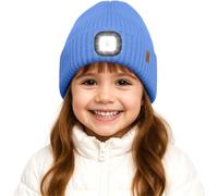 ATNKE Kids LED Lighted Beanie Hat,USB Rechargeable 4 LED Running Headlamp Hands Free Head Torch Cap with Light Winter Warm Fleece Lined Knit Beany Gifts for Boys and Girls/Magnolia Blue