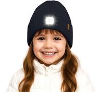 ATNKE Kids LED Lighted Beanie Hat,USB Rechargeable 4 LED Running Headlamp Hands Free Head Torch Cap with Light Winter Warm Fleece Lined Knit Beany Gifts for Boys and Girls/Navy Blue
