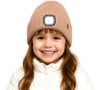 ATNKE Kids LED Lighted Beanie Hat,USB Rechargeable 4 LED Running Headlamp Hands Free Head Torch Cap with Light Winter Warm Fleece Lined Knit Beany Gifts for Boys and Girls/Brown