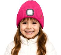 ATNKE Kids LED Lighted Beanie Hat,USB Rechargeable 4 LED Running Headlamp Hands Free Head Torch Cap with Light Winter Warm Fleece Lined Knit Beany Gifts for Boys and Girls/Rose Red