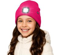 ATNKE Kids LED Lighted Beanie Hat,USB Rechargeable 4 LED Running Headlamp Ultra Bright Cap with Light Hands Free Head Torch Winter Warm Lined Fleece Knit Beany Gifts for Boys and Girls/Rose Red