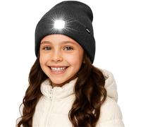 ATNKE Kids LED Lighted Beanie Hat,USB Rechargeable 4 LED Running Headlamp Ultra Bright Cap with Light Hands Free Head Torch Winter Warm Lined Fleece Knit Beany Gifts for Boys and Girls/Dark Grey